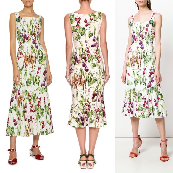 Dolce & Gabbana Square Neck Vegetable Print Midi Cady Dress 2018 XS / IT 36 - Picture 1 of 16